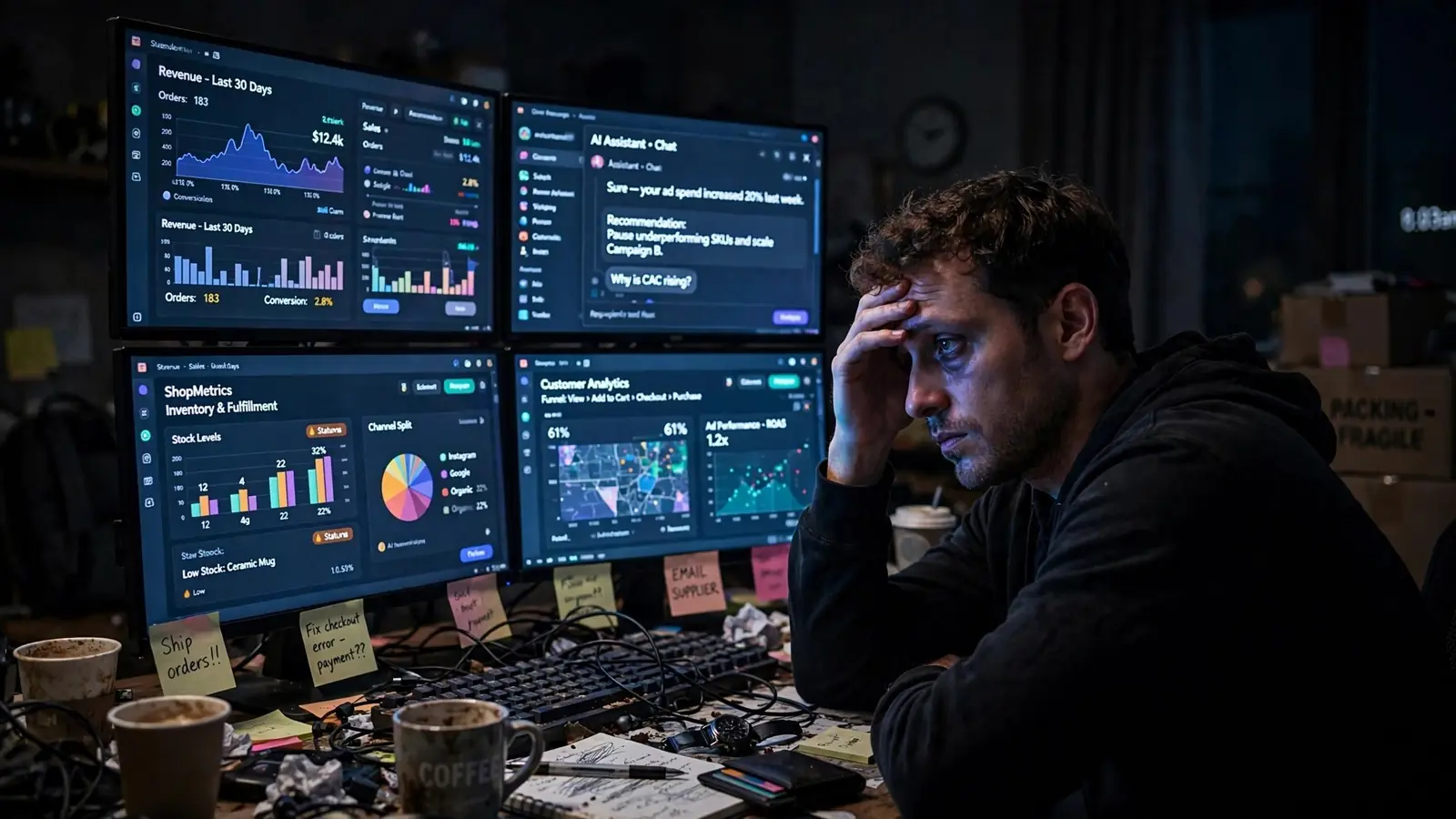 An exhausted founder at 2am surrounded by glowing AI dashboards that changed nothing